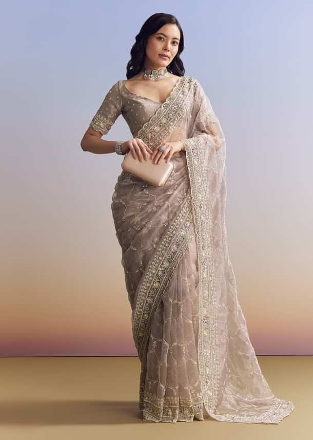 Lavender Glass Tissue Saree With Multicolor Sequins And Heavy Jaal