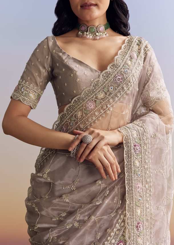 Lavender Glass Tissue Saree With Multicolor Sequins And Heavy Jaal