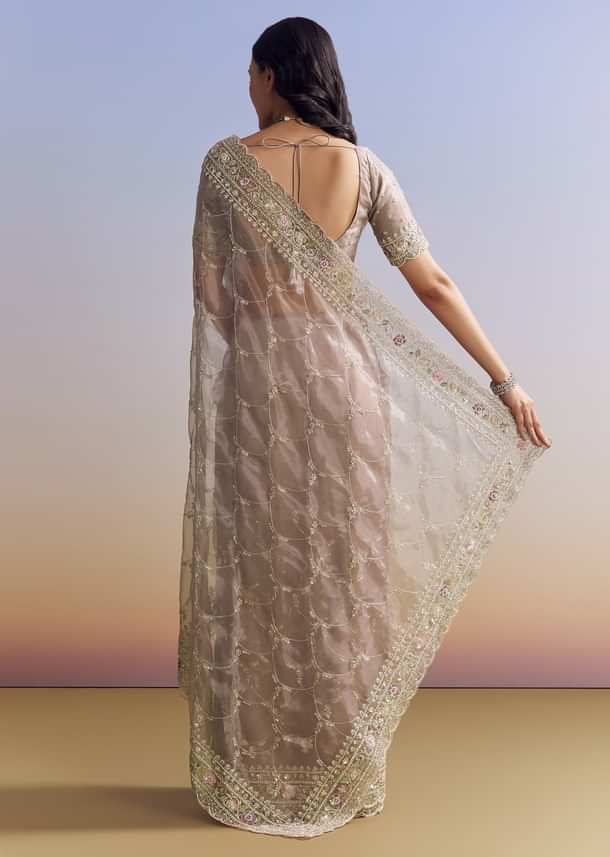 Lavender Glass Tissue Saree With Multicolor Sequins And Heavy Jaal