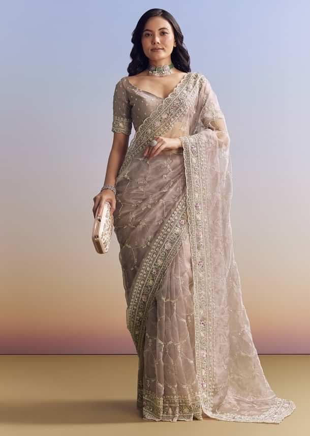 Lavender Glass Tissue Saree With Multicolor Sequins And Heavy Jaal