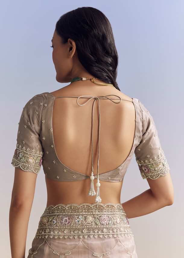 Lavender Glass Tissue Saree With Multicolor Sequins And Heavy Jaal