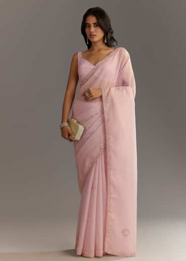 Lavender Glossy Finish Crushed Tissue Saree With Cutdana Moti Embroidery