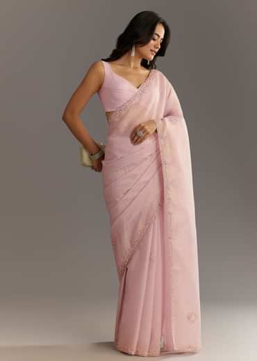 Lavender Glossy Finish Crushed Tissue Saree With Cutdana Moti Embroidery