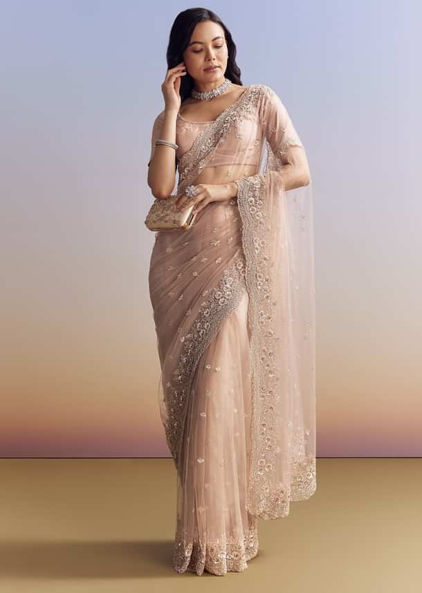 Lavender Net Saree With Scalloped Border
