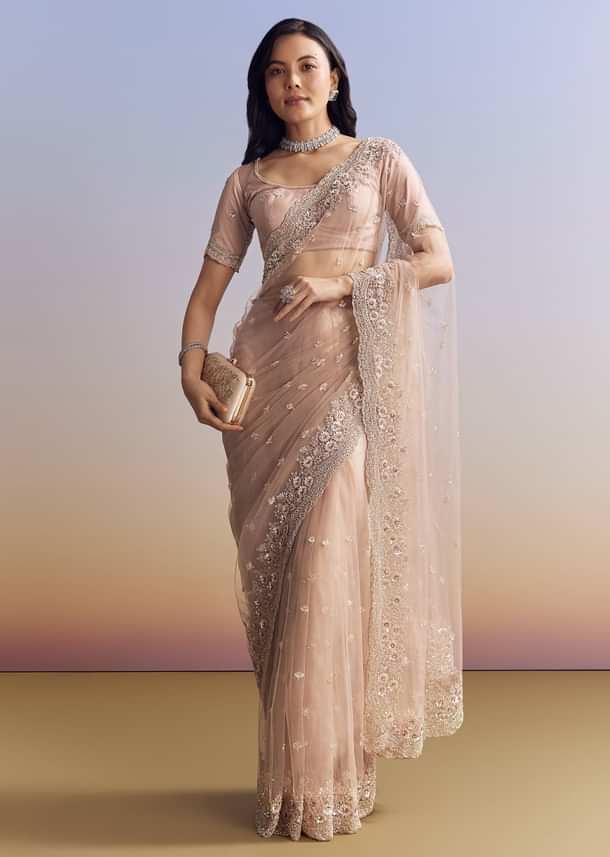 Lavender Net Saree With Scalloped Border