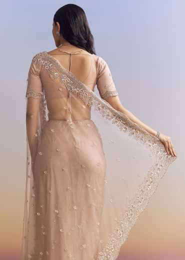 Lavender Net Saree With Scalloped Border
