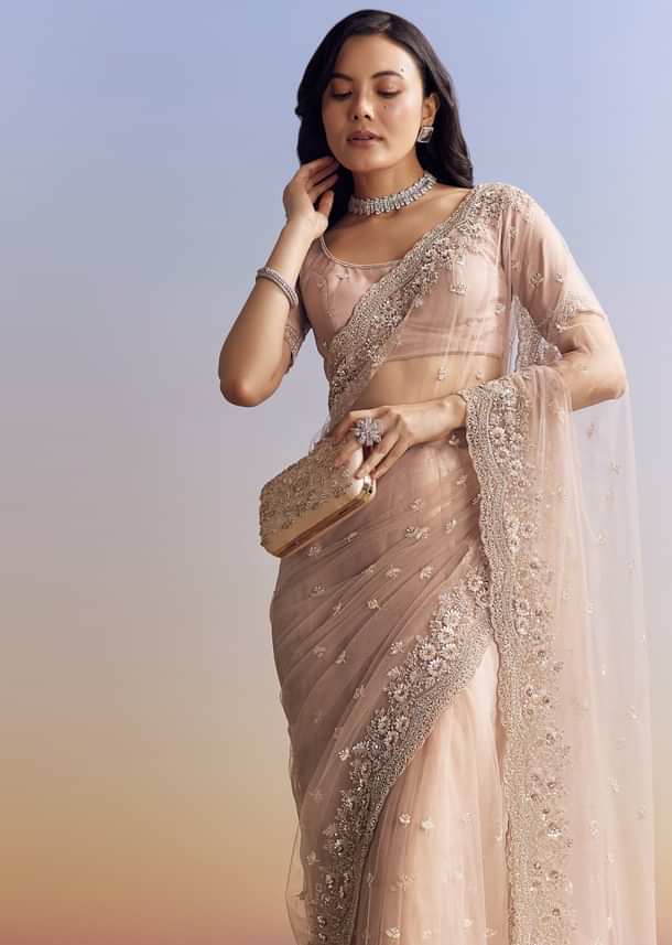 Lavender Net Saree With Scalloped Border