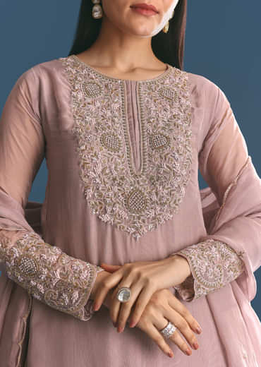 Lavender Organza Kurta Palazzo Suit With Zardosi Work