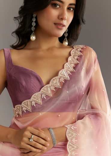 Lavender Shibori Organza Saree With Cutwork Scallop Embroidered Border