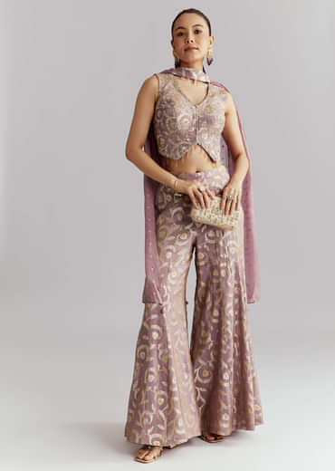 Lavender Tissue Crop Top And Palazzo Pant Set With Embroidery