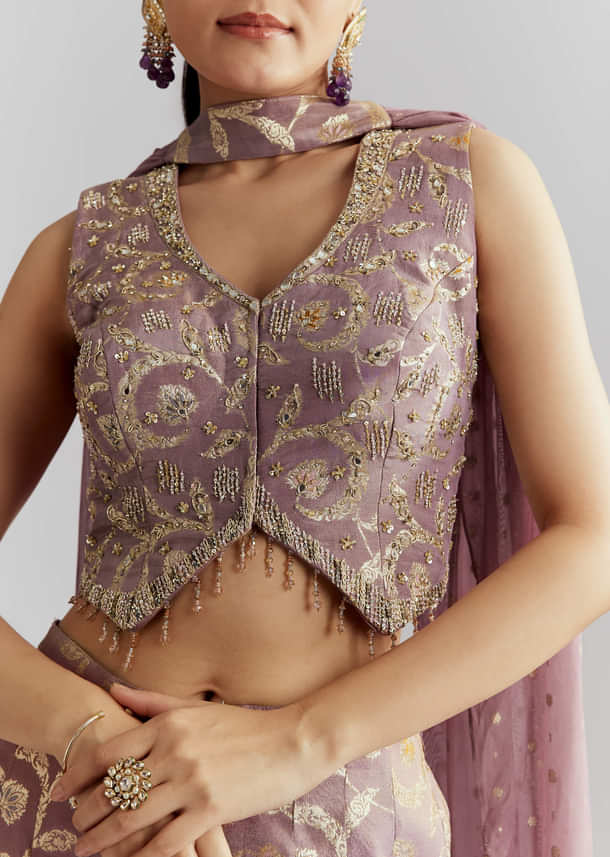 Lavender Tissue Crop Top And Palazzo Pant Set With Embroidery