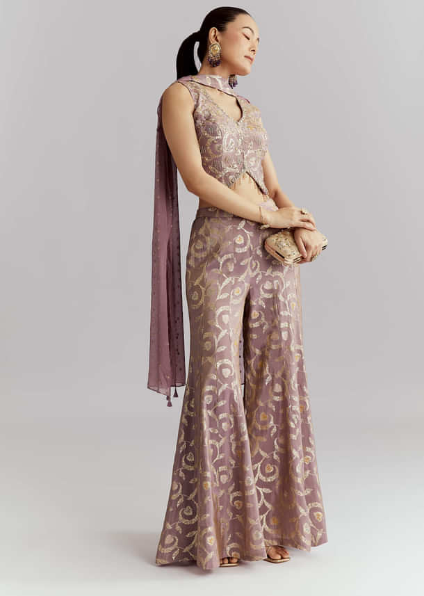 Lavender Tissue Crop Top And Palazzo Pant Set With Embroidery
