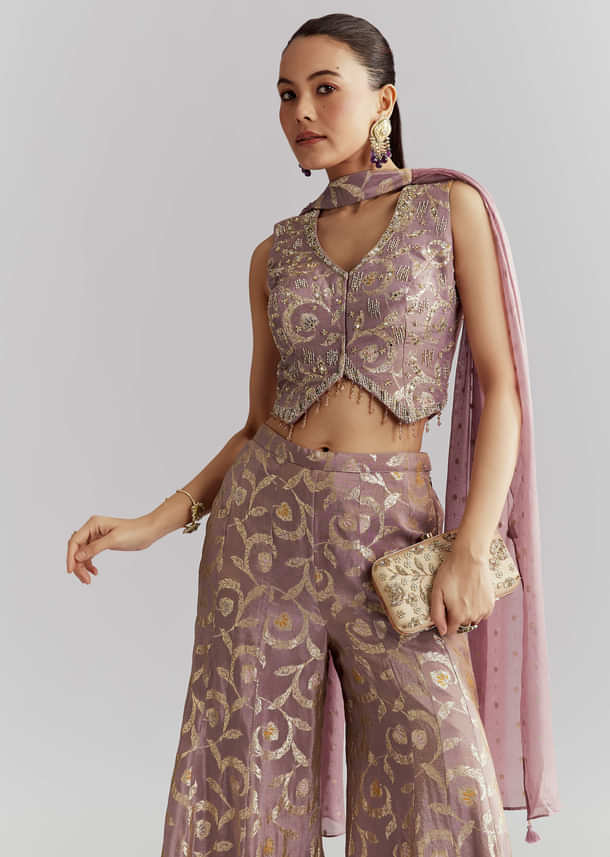 Lavender Tissue Crop Top And Palazzo Pant Set With Embroidery