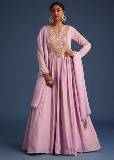 Lavender Tissue Embroidered Anarkali With Organza Dupatta