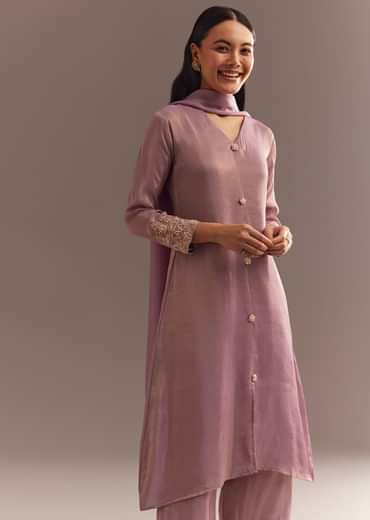 Lavender Tissue Embroidered Kurta Pant With Organza Dupatta