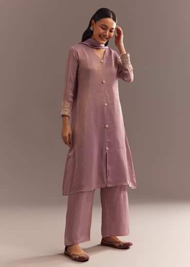Lavender Tissue Embroidered Kurta Pant With Organza Dupatta