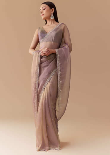 Lavender Tissue Embroidered Saree with Unstitched Blouse