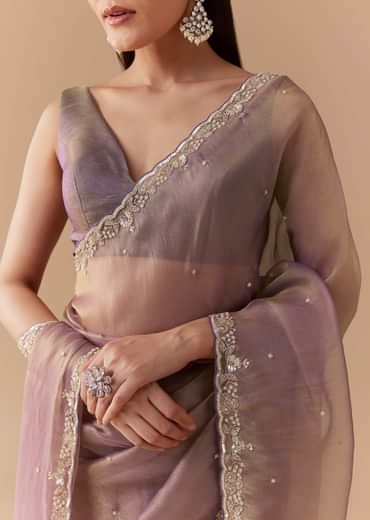 Lavender Tissue Embroidered Saree with Unstitched Blouse