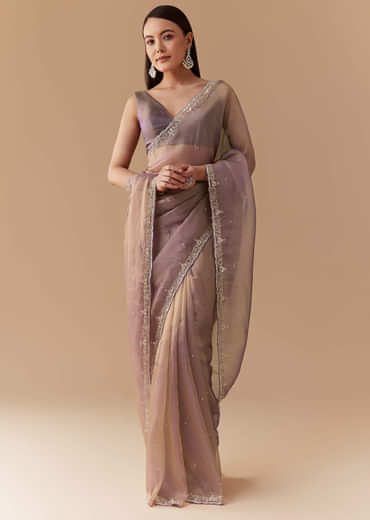 Lavender Tissue Embroidered Saree with Unstitched Blouse