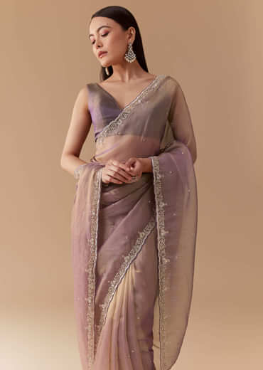Lavender Tissue Embroidered Saree with Unstitched Blouse