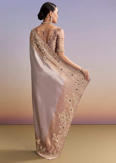 Lavender Tissue Embroidered Saree With Zari Border And Bead Work