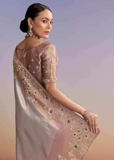 Lavender Tissue Embroidered Saree With Zari Border And Bead Work