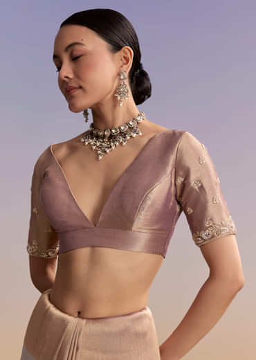 Lavender Tissue Embroidered Saree With Zari Border And Bead Work