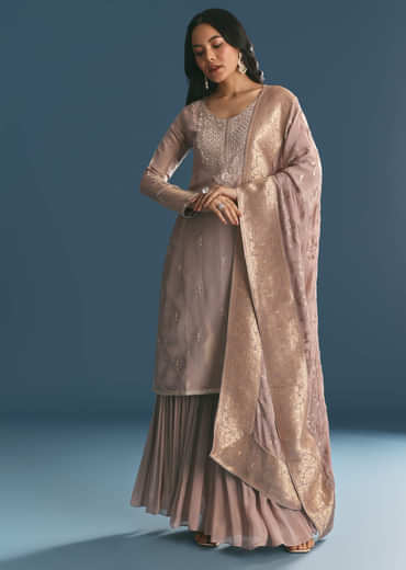 Lavender Tissue Kurta Sharara Suit With Moti And Cutdana Work