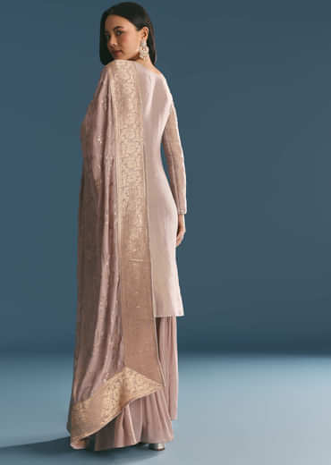 Lavender Tissue Kurta Sharara Suit With Moti And Cutdana Work