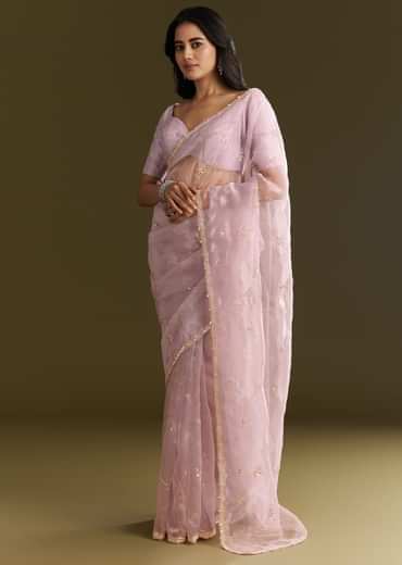 Lavender Tissue Saree With Cutdana And Sequins Embroidery And Scallop Border