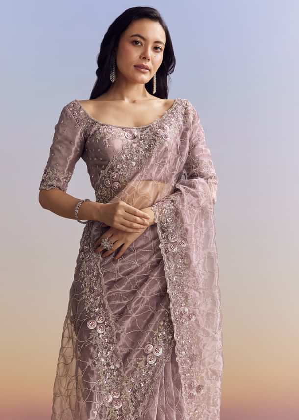 Lavender Tissue Saree With Floral Jaal