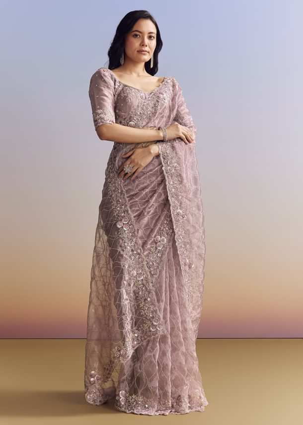 Lavender Tissue Saree With Floral Jaal