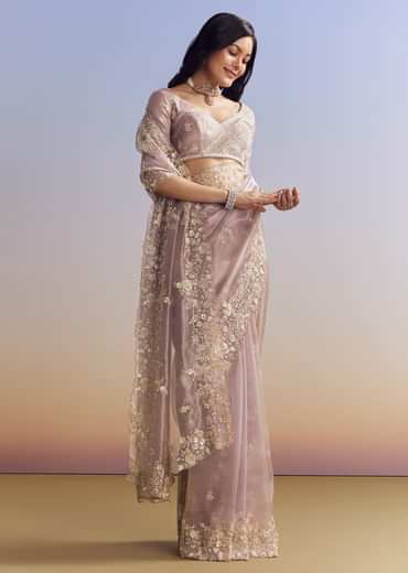 Lavender Tissue Saree With Floral Motifs In Moti Beads And Sequins