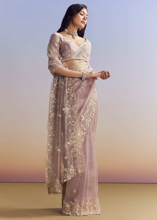Lavender Tissue Saree With Floral Motifs In Moti Beads And Sequins
