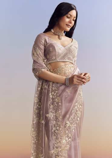 Lavender Tissue Saree With Floral Motifs In Moti Beads And Sequins