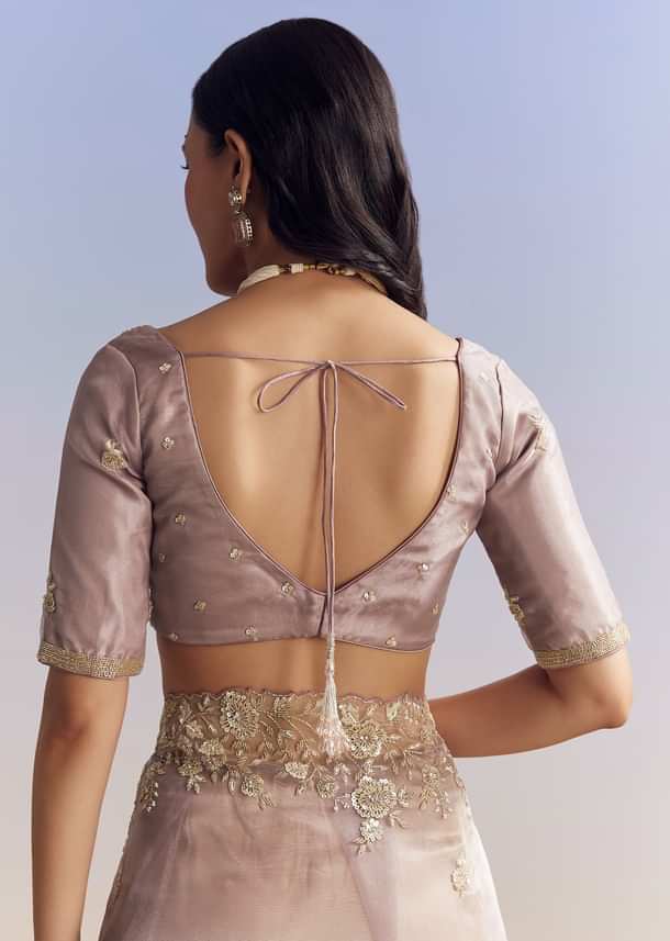 Lavender Tissue Saree With Floral Motifs In Moti Beads And Sequins