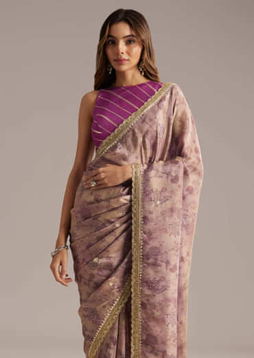 Lavender Tissue Saree With Mirror And Cutdana Embroidery