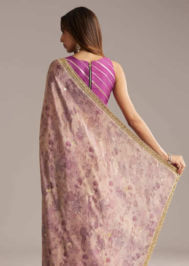 Lavender Tissue Saree With Mirror And Cutdana Embroidery
