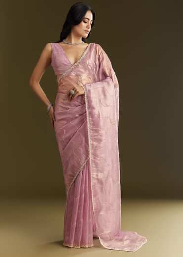 Lavender Tissue Saree With Moti And Cutdana Embroidery And Scallop Border