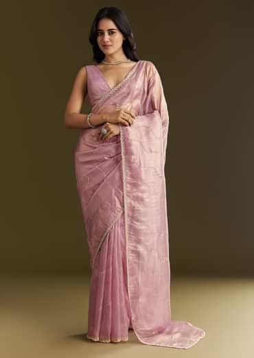 Lavender Tissue Saree With Moti And Cutdana Embroidery And Scallop Border