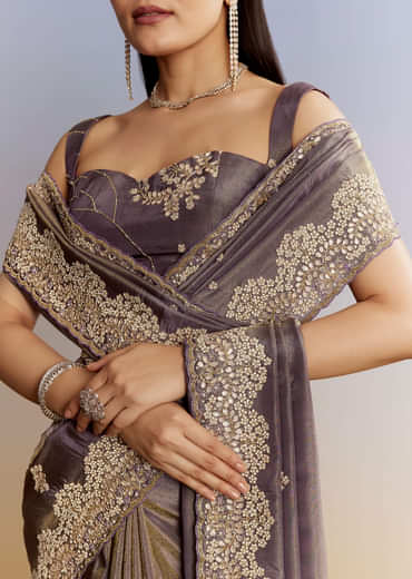 Lavender Tissue Saree With Zardosi And Gota Work
