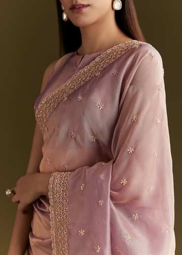 Lavender Tissue Silk Embroidered Saree With Scallop Border