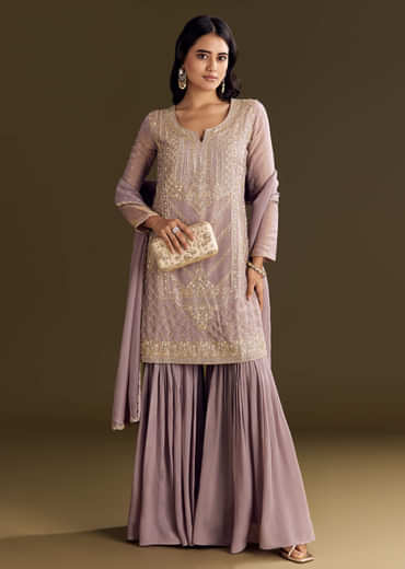 Lavender Tissue Zardosi Embroidered Kurta Set With Organza Dupatta