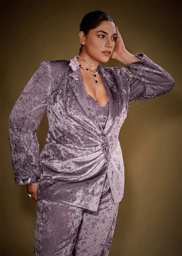 Lavender Velvet Indo Western Set With Embellished Blazer