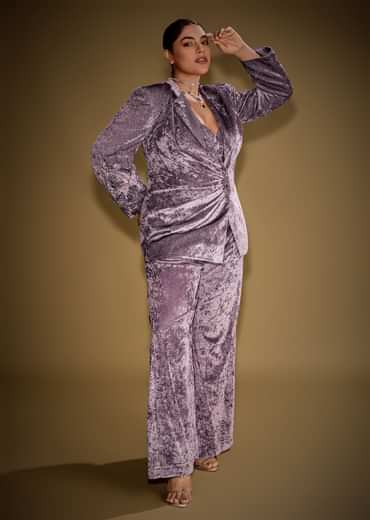 Lavender Velvet Indo Western Set With Embellished Blazer