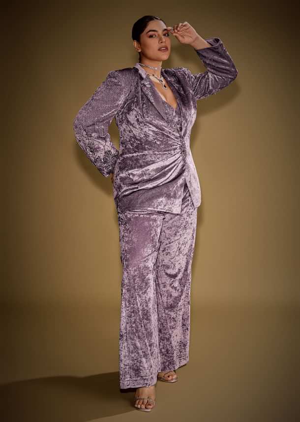 Lavender Velvet Indo Western Set With Embellished Blazer