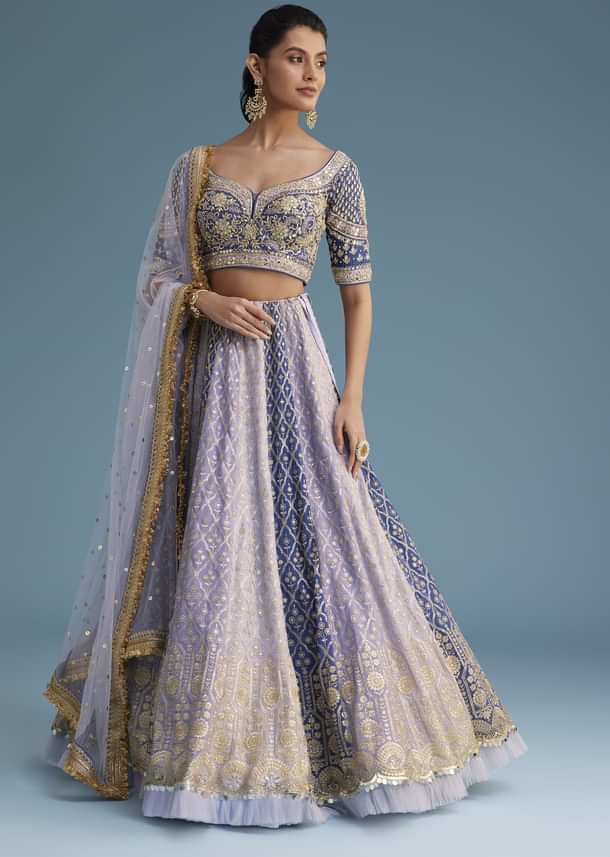 Lavender and Blue Silk Kali Embroidered Lehenga Set
