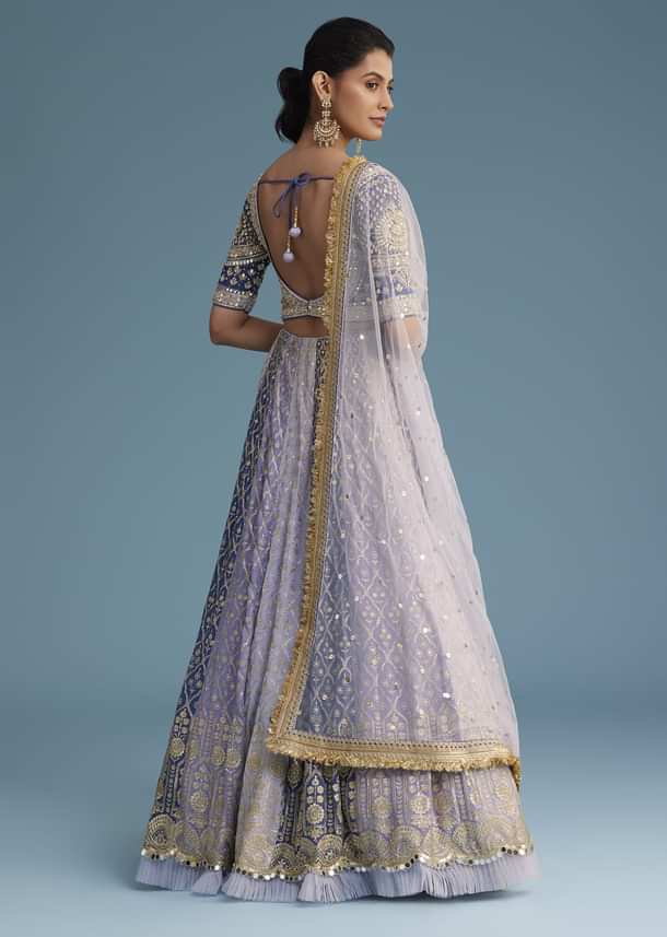 Lavender and Blue Silk Kali Embroidered Lehenga Set