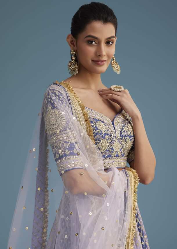 Lavender and Blue Silk Kali Embroidered Lehenga Set