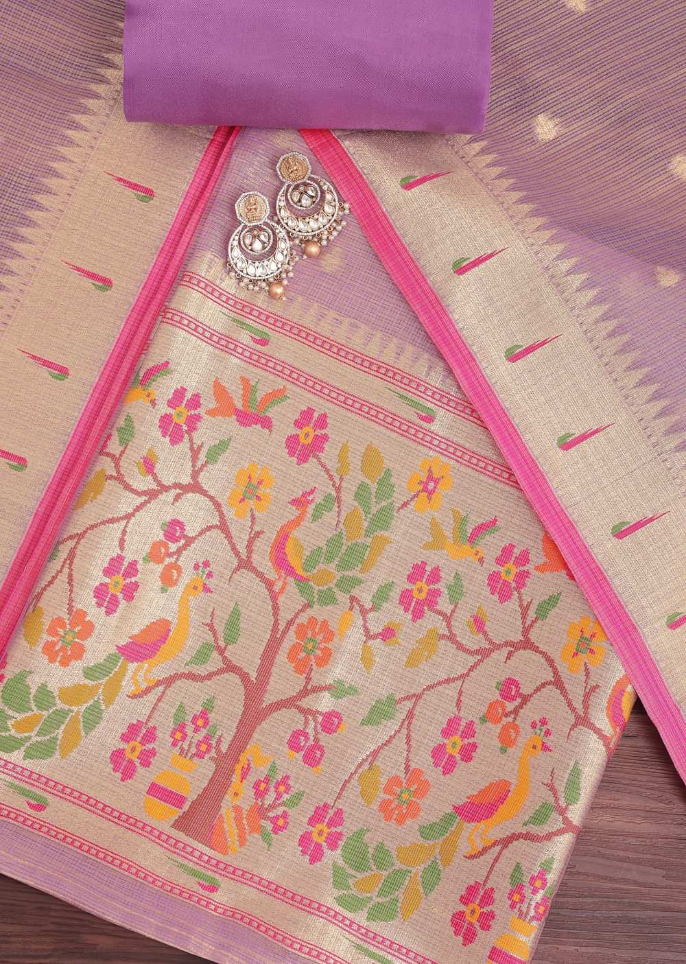 Lavender Gold Paithani Woven Silk Dress Material